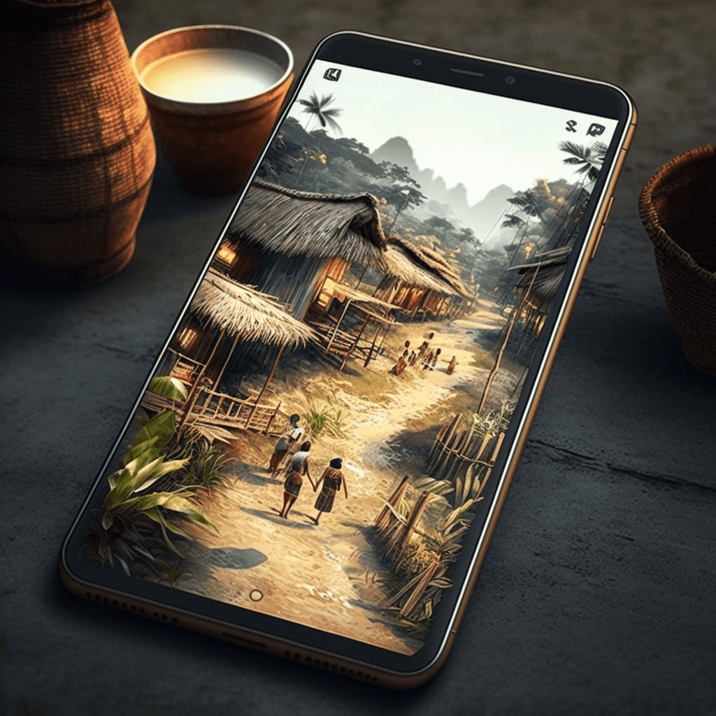 A smartphone with a picture of a remote village