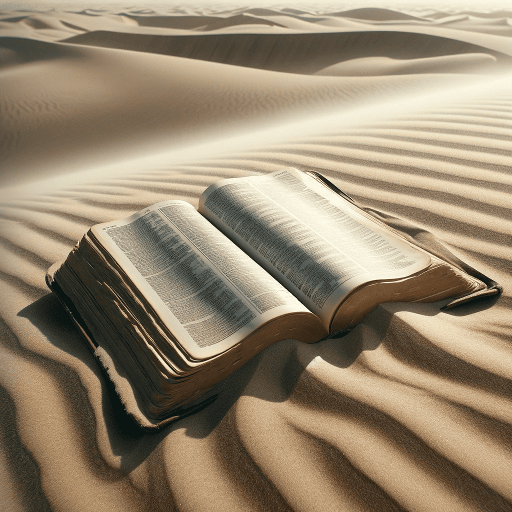 An open Bible lying on the sand dunes of a desert, with its pages ruffled by the wind. The Bible is thick and appears to be very old with yellowed pages. There's a sense of solitude around it, with no other objects or people in sight. The environment is arid and the sands have ripples formed by the breeze. It is daytime with a clear sky above, casting a bright light upon the scene, creating soft shadows on the sand.