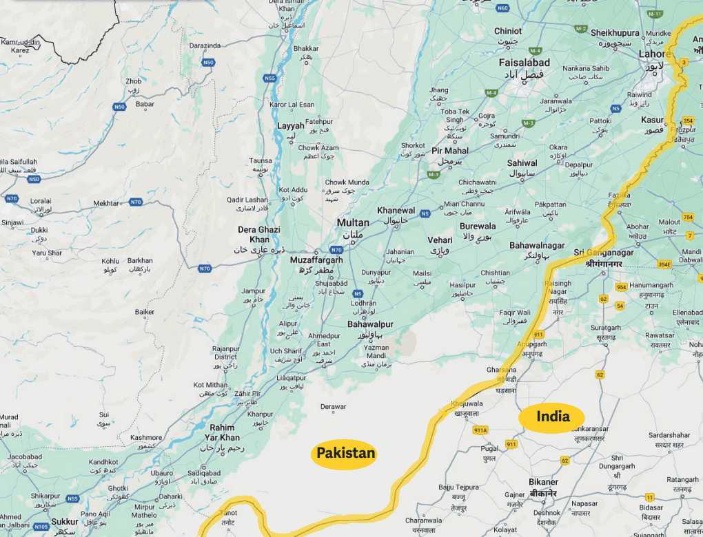 A map highlighting the dividing line between Pakistan and India.