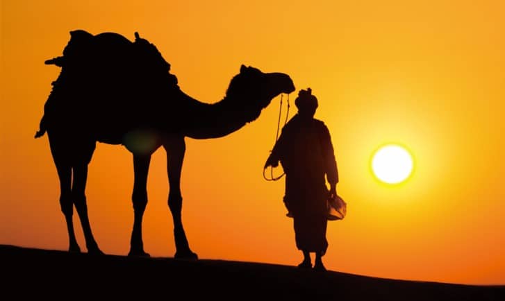 A sunset over a desert with a man leading a camel