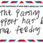 An illustrated envelope with a green stamp on the left corner, surrounded by blue wave patterns. The envelope's content, written in black cursive handwriting, reads: "Praise report - Please share the testimonies of what God is doing in your ministry and/or life. Since the passing of my husband, the support has been helping us with the feeding of my family." The envelope is bordered by red and white stripes.