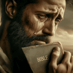 A close-up image of a bearded man with tears rolling down his face, holding a Bible close to his cheek against a backdrop of stormy clouds.