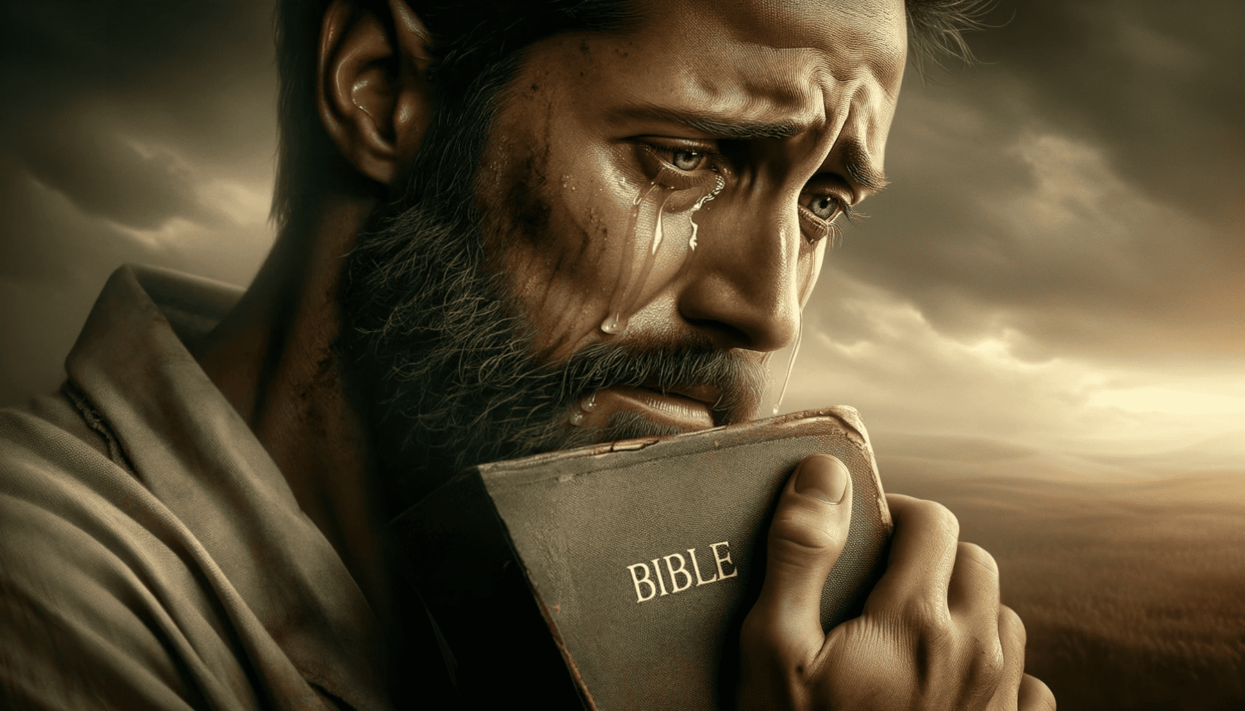 A close-up image of a bearded man with tears rolling down his face, holding a Bible close to his cheek against a backdrop of stormy clouds.