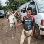 A young boy with a backpack stands smiling on a dirt road, holding the reins of a white donkey loaded with a bundle of firewood. Behind them, a white van and a blue off-road vehicle are parked on the side of the road, with lush greenery in the background.
