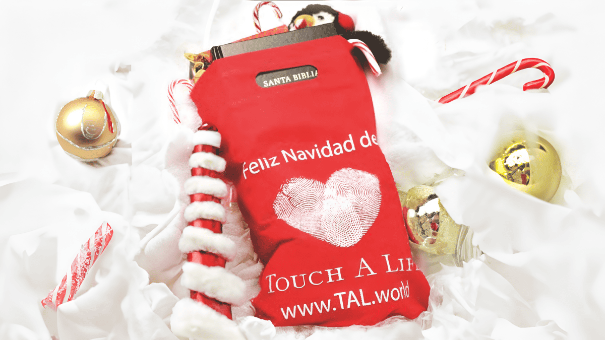 A red Christmas stocking bag with handles with the message "Feliz Navidad" above a white heart imprint and the slogan "TOUCH A LIFE" with a website address "www.TAL.world" below it. A plush penguin, some candy canes, and a black book peeks out from the top of the stocking.