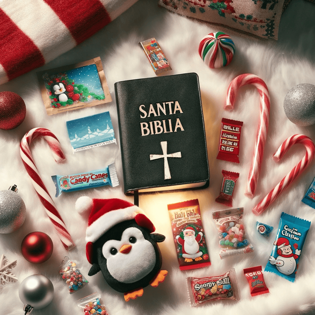  image of various Christmas gifts laid out on a white fluffy material that looks like snow. The gifts include a 'Santa Biblia' (Holy Bible), a small plush penguin toy, red and white candy canes, along with other candies and small toys suitable for children. Additionally, include a gospel tract among the items. The arrangement should be festive and colorful, with the items spread out as if they have just been taken out of a Christmas stocking.