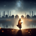 A silhouetted figure stands in the foreground, holding an open, glowing book that illuminates the night. In the misty background, the silhouette of an Islamic cityscape with minarets and domes under a starry sky.