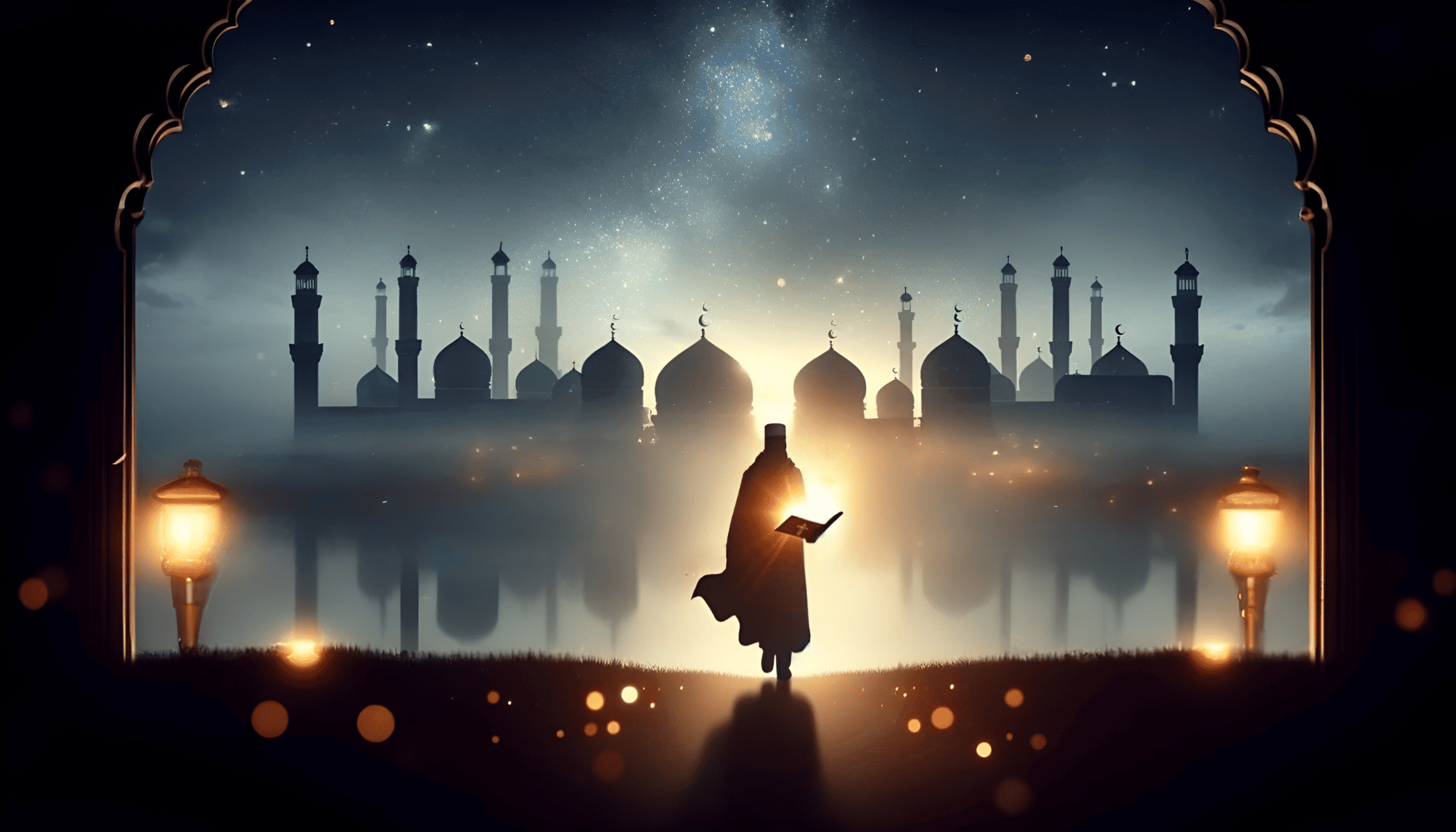 A silhouetted figure stands in the foreground, holding an open, glowing book that illuminates the night. In the misty background, the silhouette of an Islamic cityscape with minarets and domes under a starry sky.