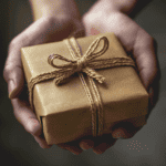 A square box that has been wrapped in brown paper and tied with plain string is being held in two hands as though being presented to the viewer.