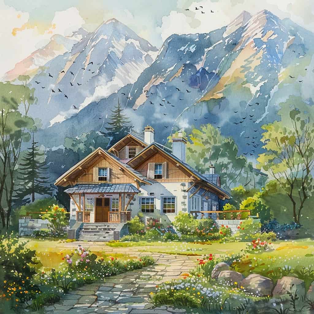 A water color painting of a brick house, with wooden second floor. It is in a valley with mountains in the background and birds flowing through the sky. A stone path leads up to the porch with flowers lining either side of the path.