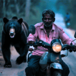 An intense scene with a man on a motorcycle swiftly escaping a chasing bear on a dimly lit rural road, highlighting the urgent need for such vehicles in potentially dangerous areas.