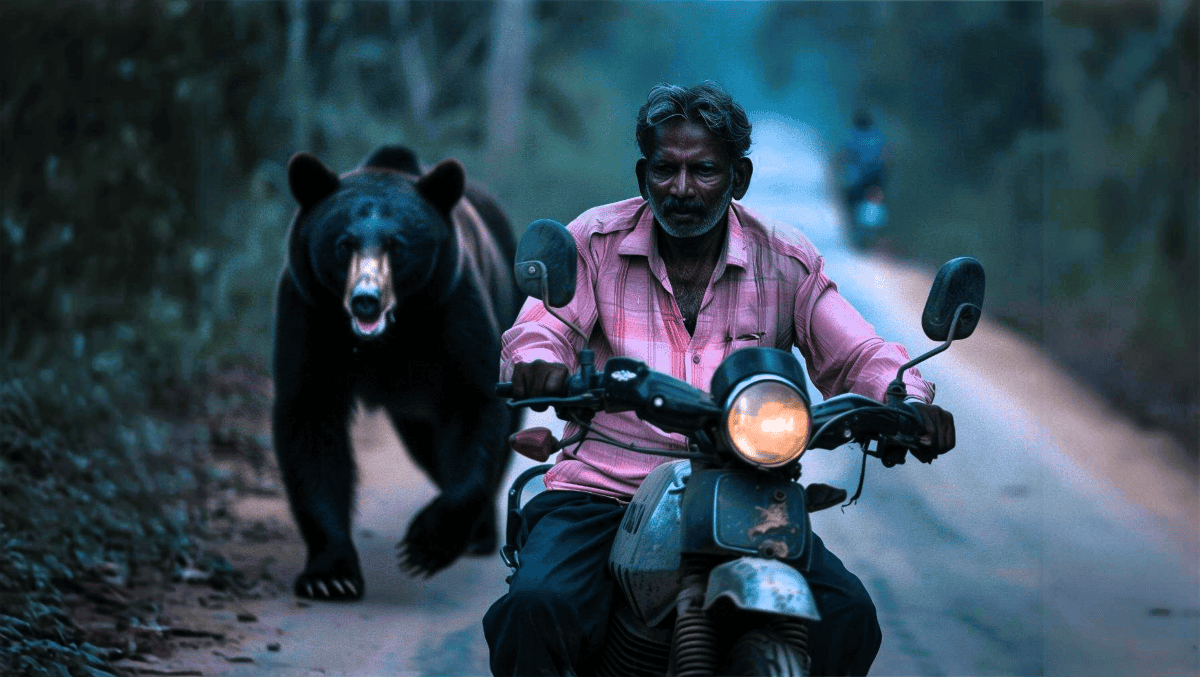 An intense scene with a man on a motorcycle swiftly escaping a chasing bear on a dimly lit rural road, highlighting the urgent need for such vehicles in potentially dangerous areas.