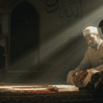 Two men sit in a quiet place of worship, their focus on an open book under a soft beam of light, reflecting a search for deeper spiritual truth.