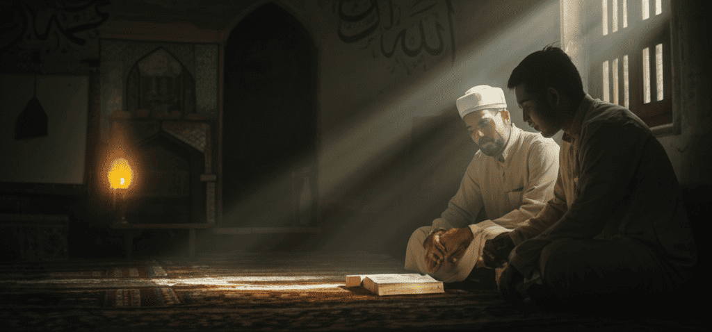Two men sit in a quiet place of worship, their focus on an open book under a soft beam of light, reflecting a search for deeper spiritual truth.