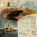 A cargo ship carrying 100's of containers is seen in the top left sailing near to some mountainous land. to the right is a legal style document in a foreign language, representing a tax document. To the bottom left is a church on a remote island.
