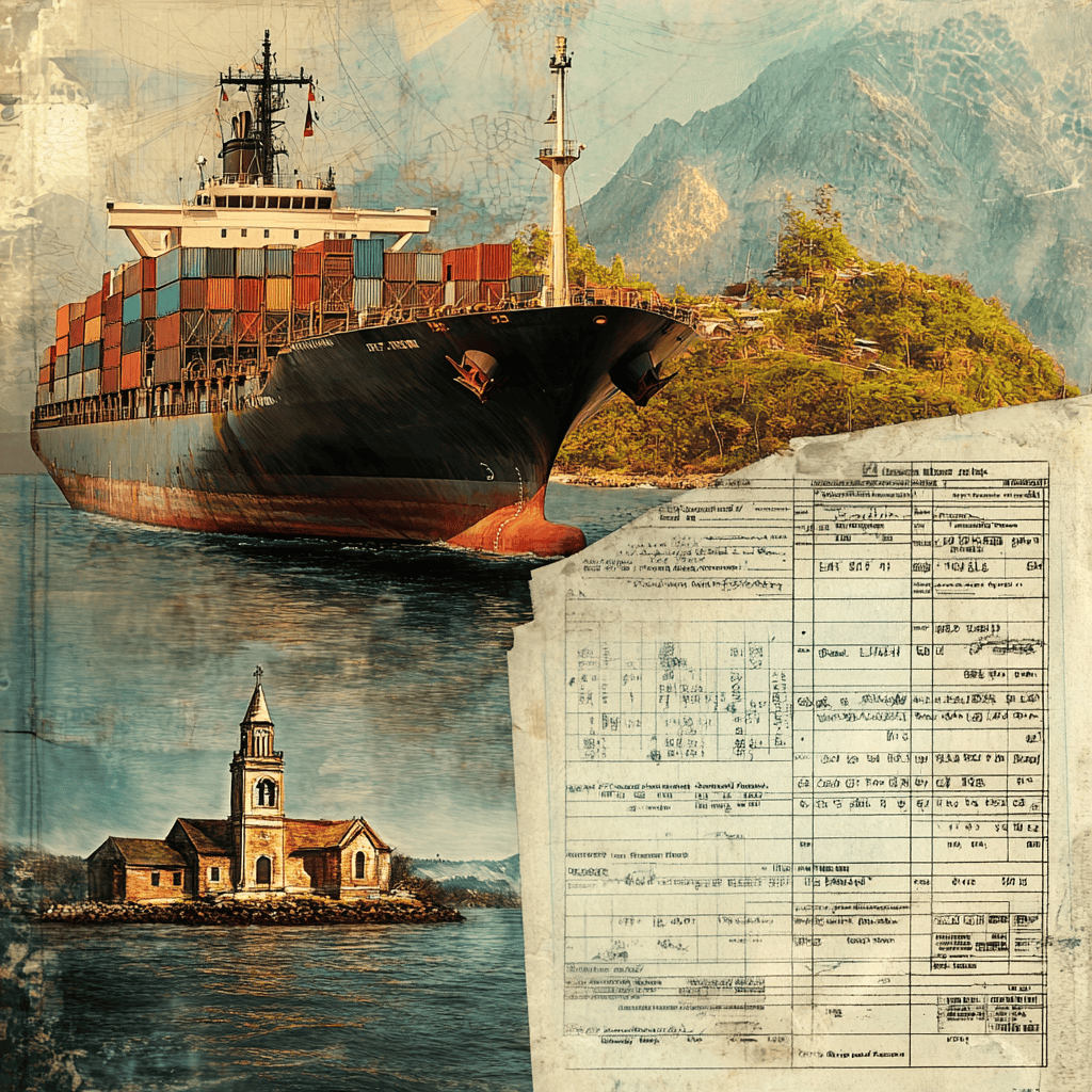 A cargo ship carrying 100's of containers is seen in the top left sailing near to some mountainous land. to the right is a legal style document in a foreign language, representing a tax document. To the bottom left is a church on a remote island.