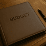 A leather bound folder, with the word Budget embossed on the front, sits on a wooden desk and a pen to the right of it.