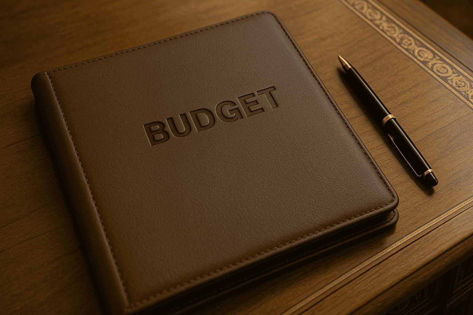 A leather bound folder, with the word Budget embossed on the front, sits on a wooden desk and a pen to the right of it.