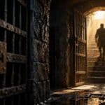A man seen from behind climbs a sunlit stone stairway out of a dark underground prison, past an open iron gate; a second barred door stays shut in the shadows.