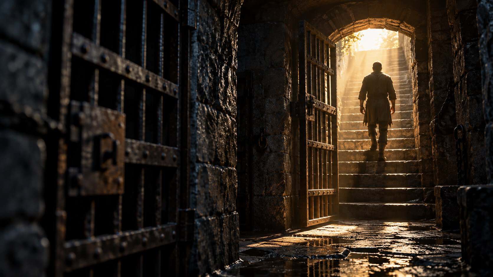 A man seen from behind climbs a sunlit stone stairway out of a dark underground prison, past an open iron gate; a second barred door stays shut in the shadows.